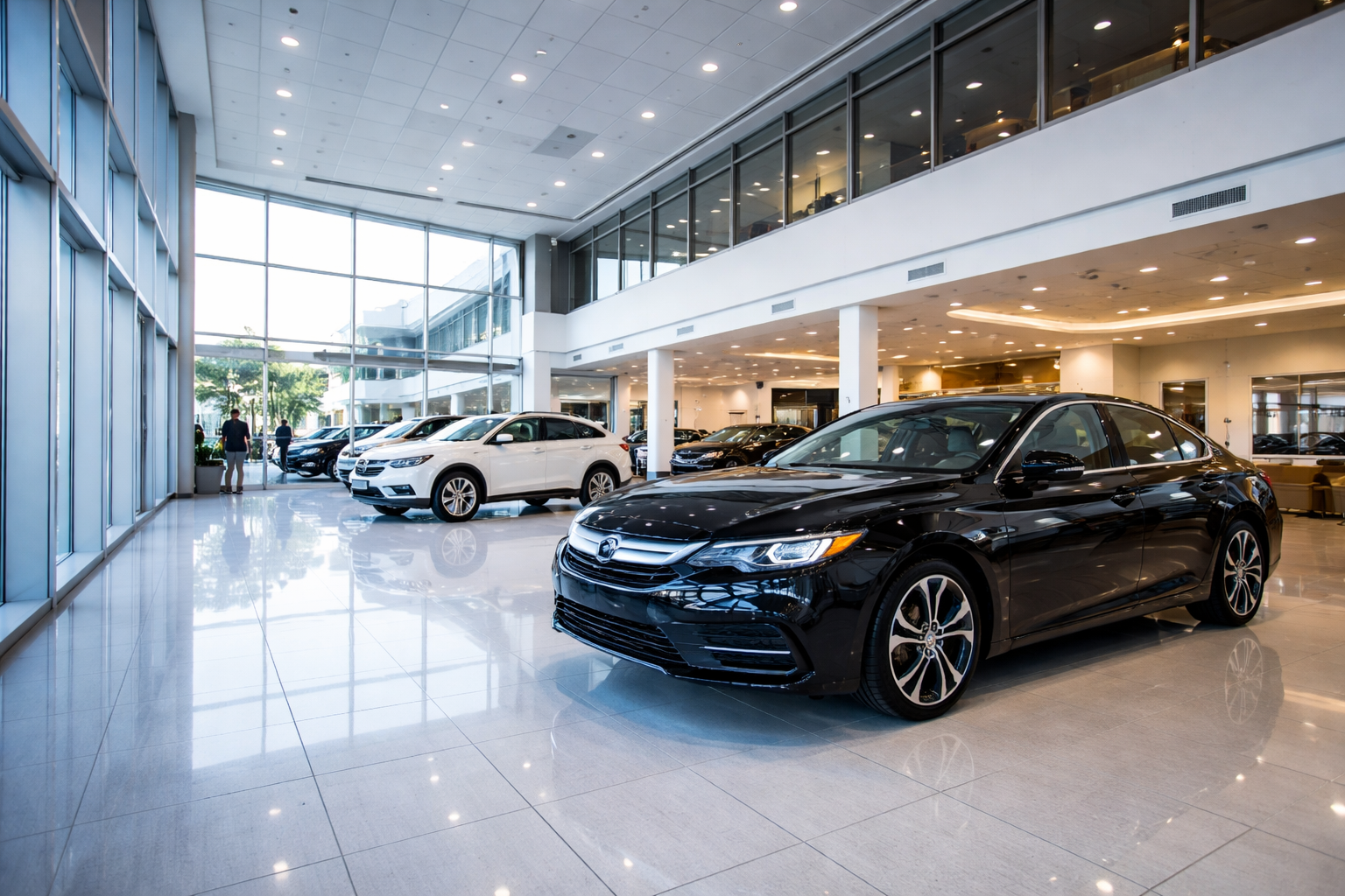 car dealership cleaning service showroom janitor mopping floor automotive facility