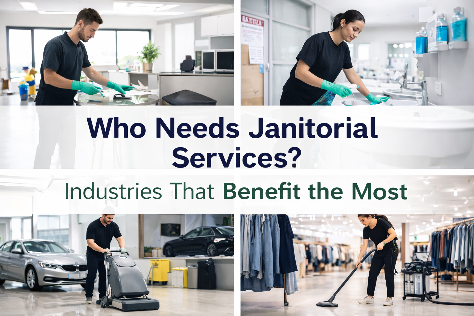 Professional janitorial staff cleaning office, medical, retail, and automotive environments to demonstrate industries that need janitorial services