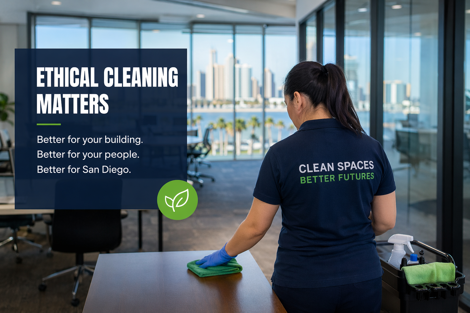 Professional commercial cleaner wiping desk in modern San Diego office, representing ethical cleaning services