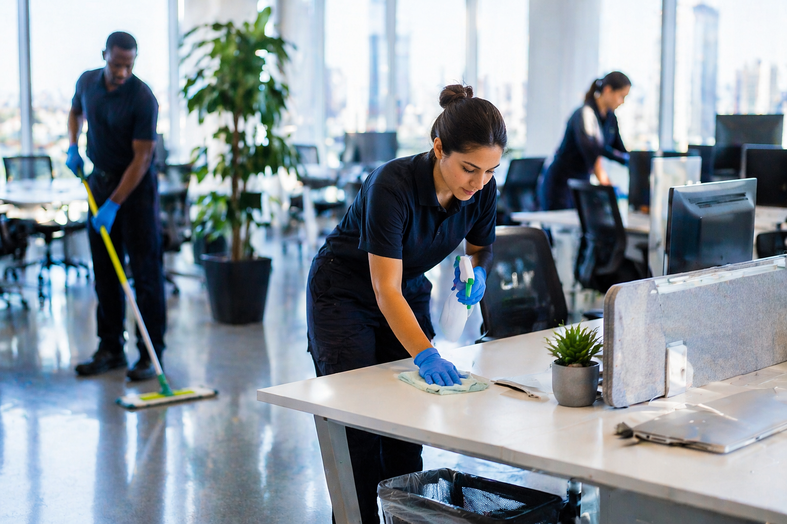 Professional cleaners disinfecting desks in a modern office, showing the impact of a clean workplace on productivity