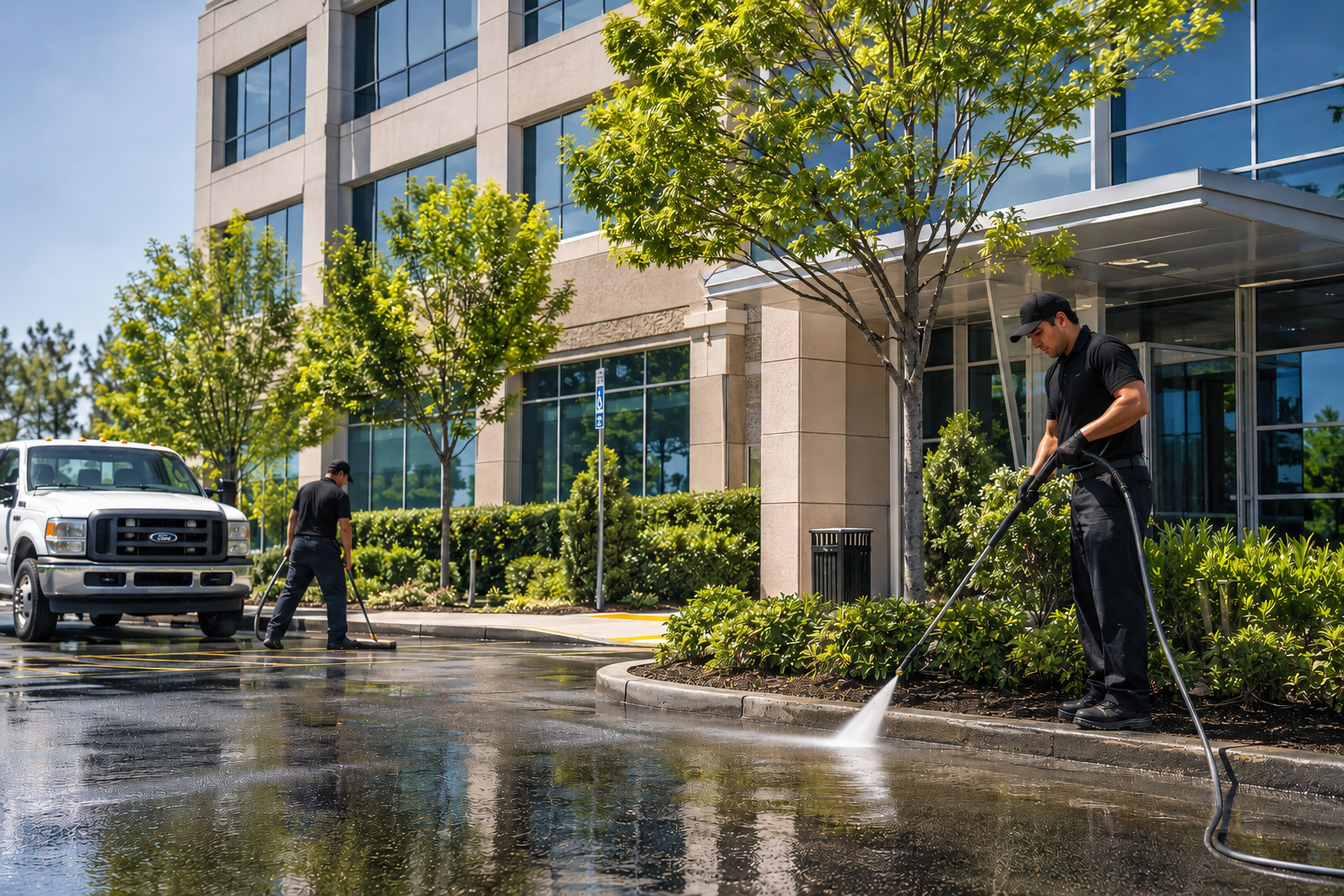 Commercial cleaning team pressure washing and maintaining the exterior of a modern office building during spring property maintenance.