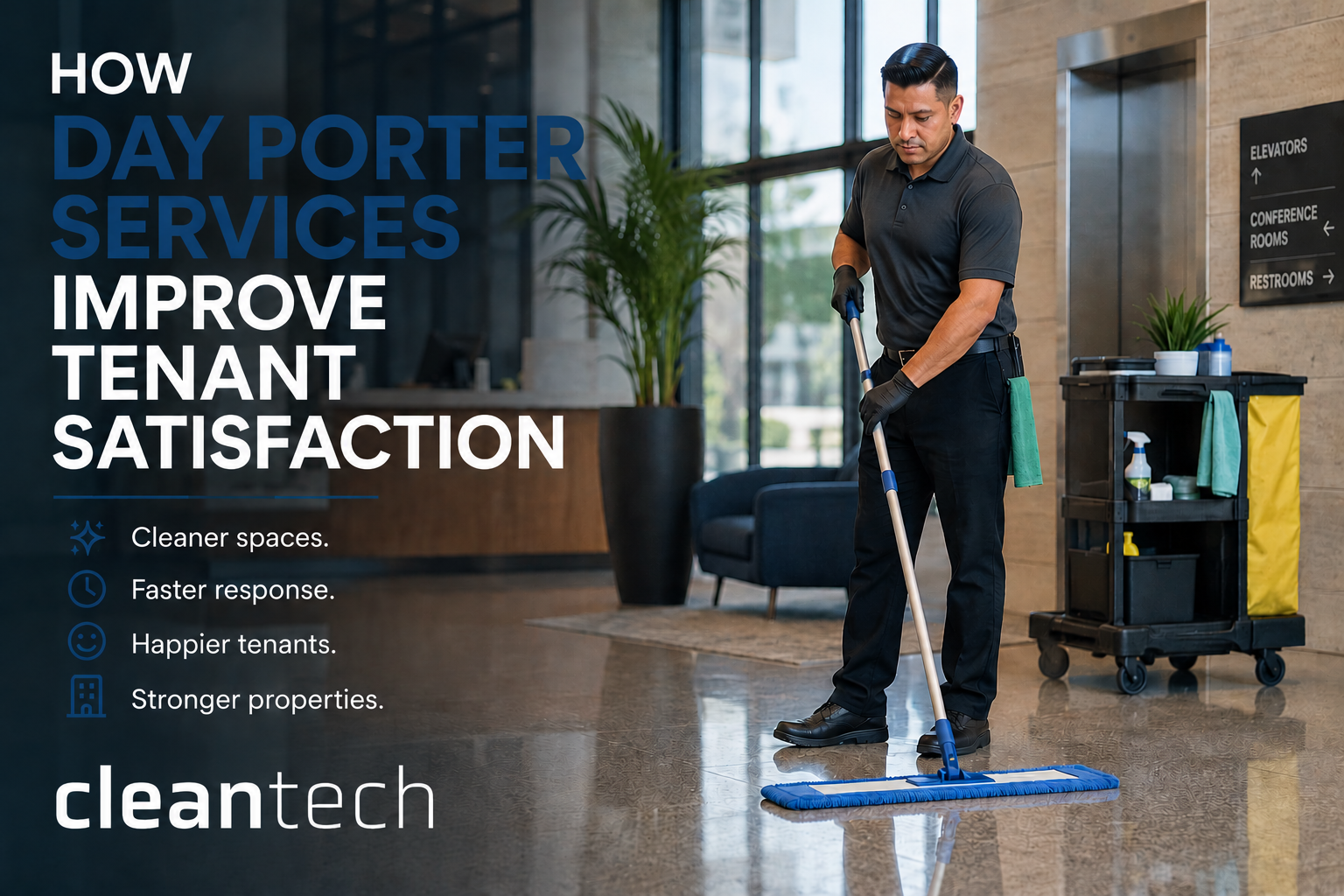 Professional day porter cleaning a modern commercial office lobby to improve tenant satisfaction and property cleanliness