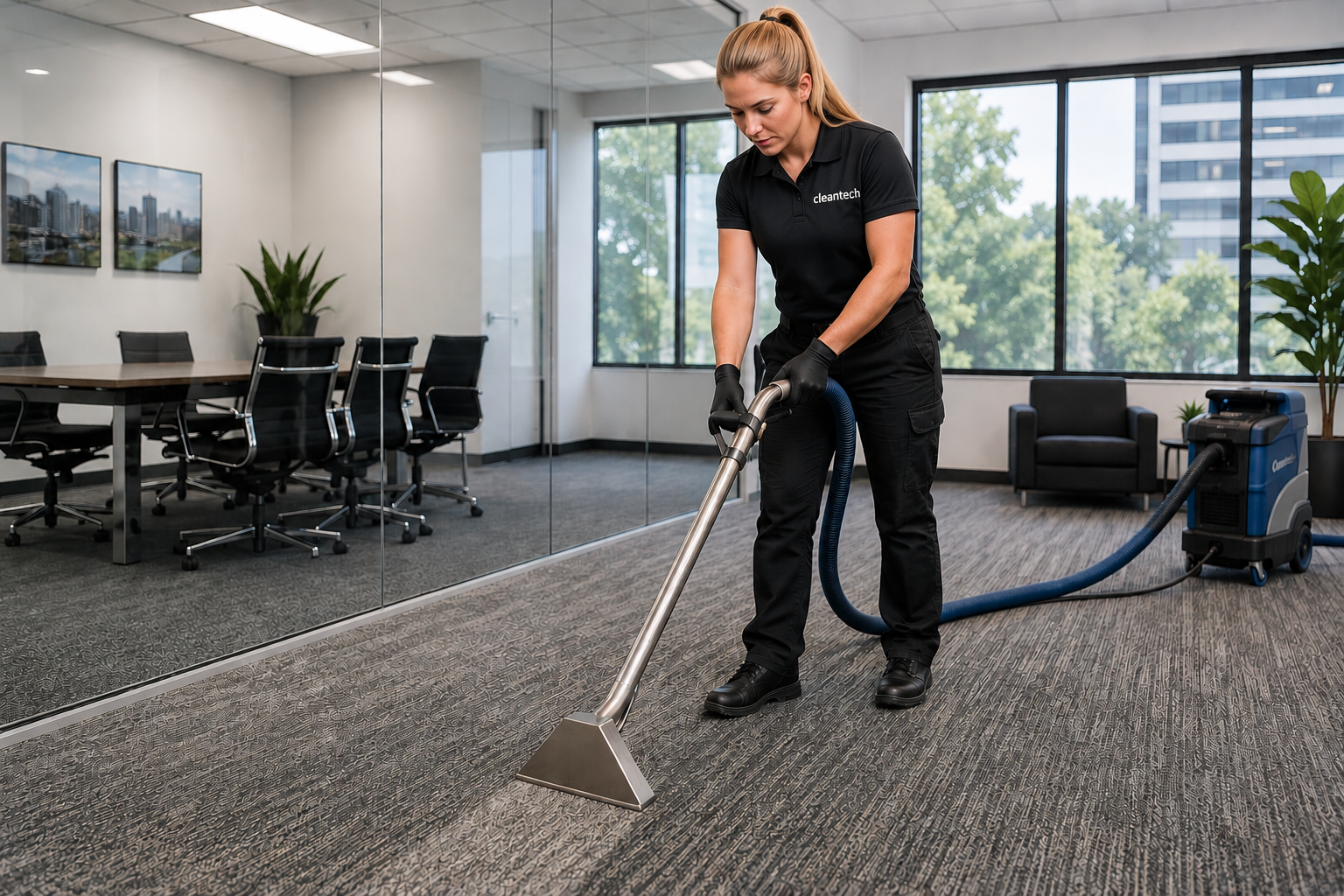 Professional carpet cleaning technician cleaning office carpet in a modern commercial office building