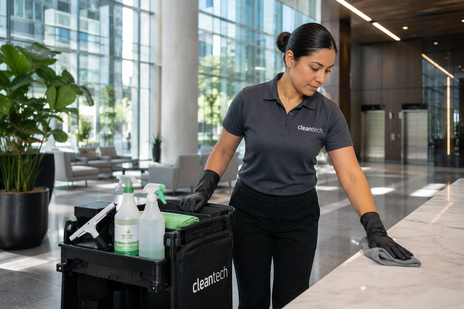 Professional Cleantech employee using eco-friendly cleaning products in a modern commercial office building to support sustainable cleaning initiatives
