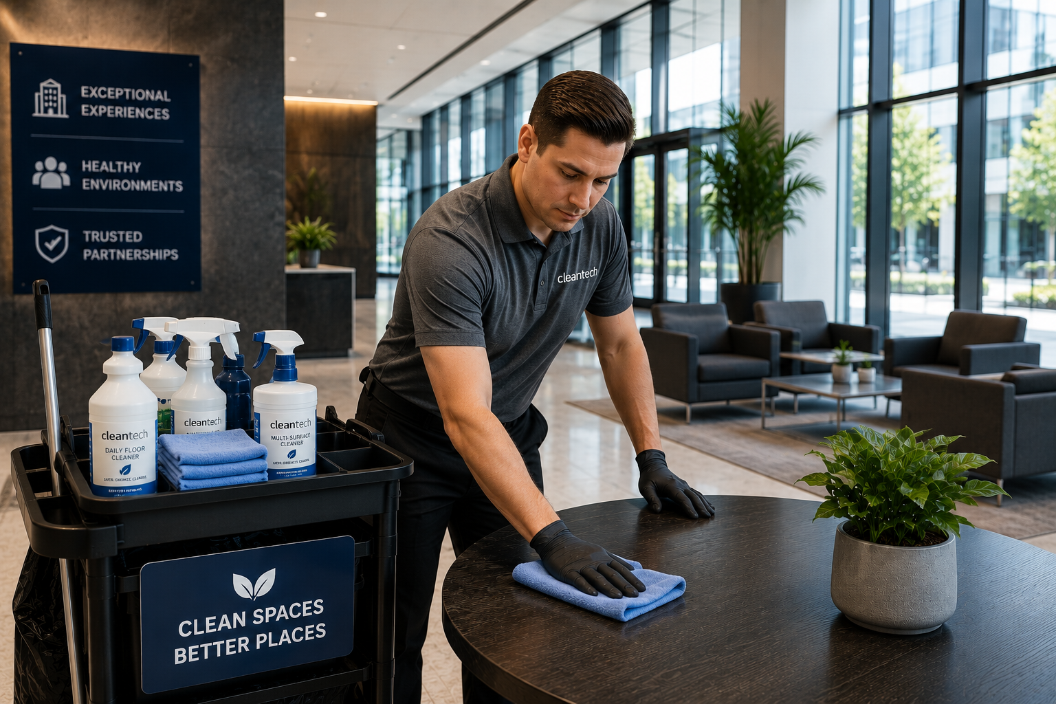 Professional Cleantech employee using eco-friendly cleaning products in a modern commercial office building to support sustainable cleaning initiatives