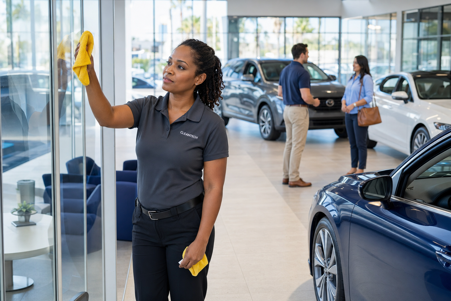 Dealership day porter services inside a clean automotive showroom