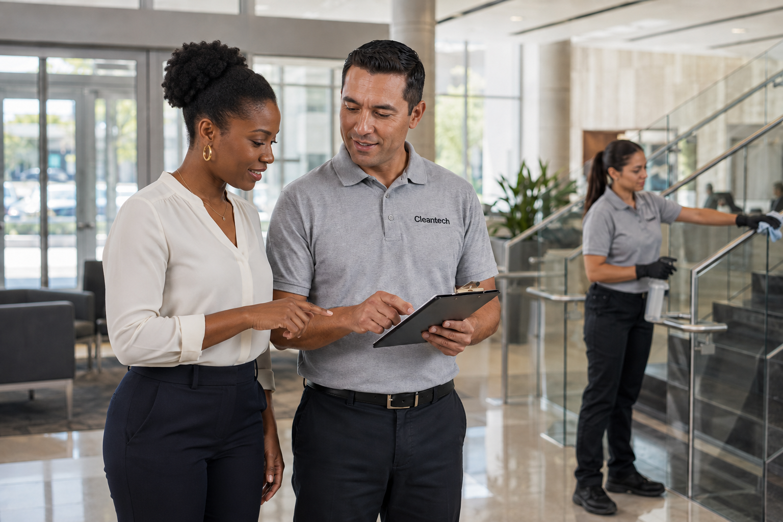 Janitorial vendor checklist for property managers reviewing commercial cleaning standards with Cleantech