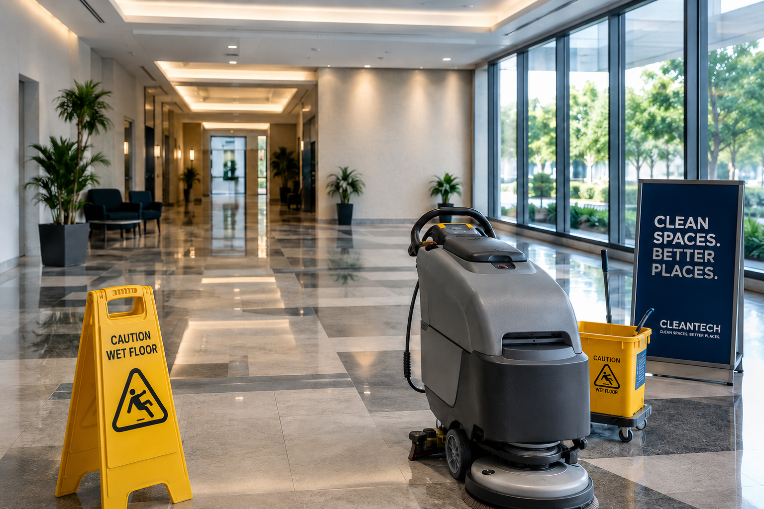 Commercial cleaners San Diego equipment in a clean office lobby with Cleantech branding